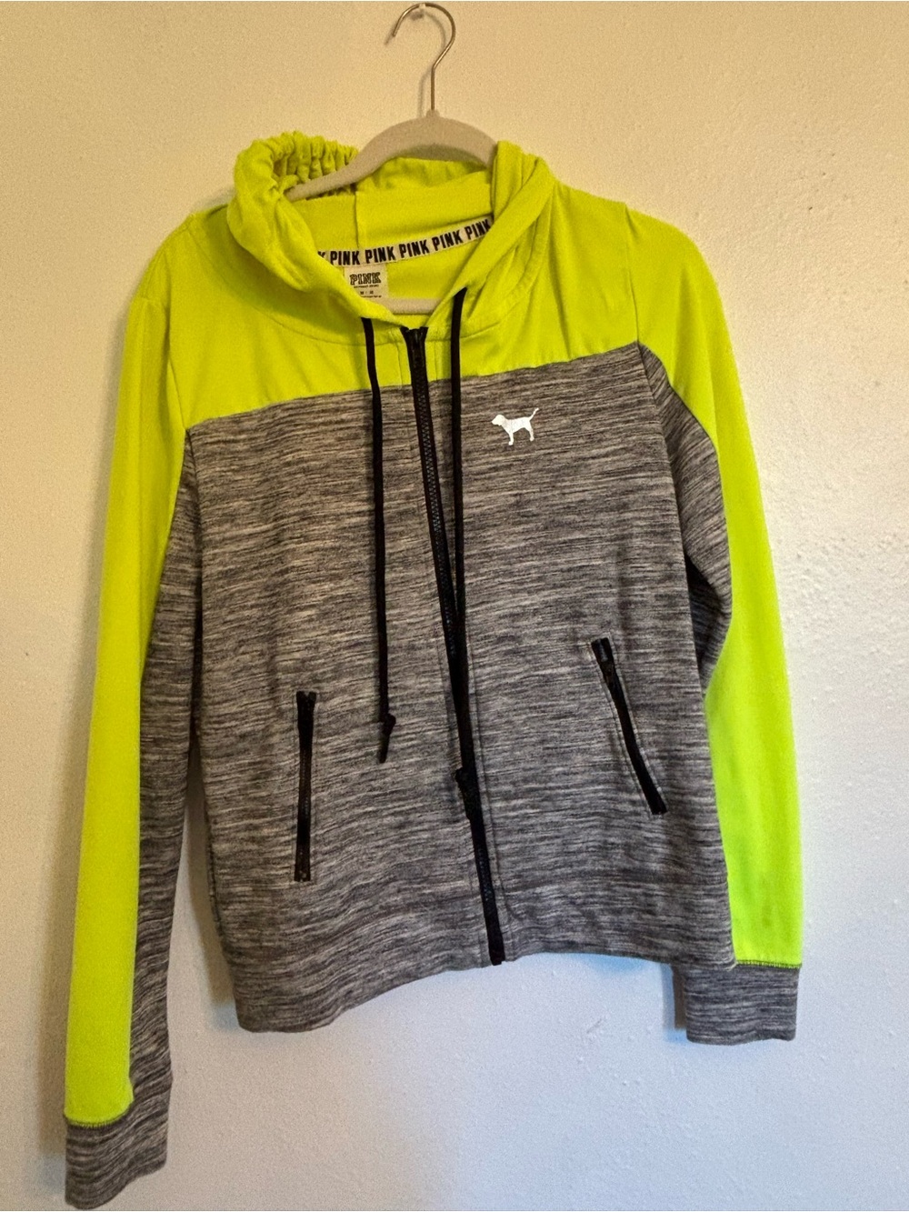 PINK Victoria's Secret Two-Tone Neon Yellow & Gray Zip-Up Hoodie